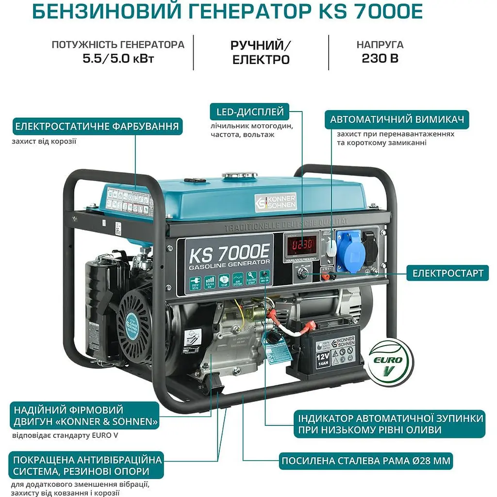 Генератор Синхронний KonnerSohnen KS 7000E, 230В, 5.5кВт, електростартер, 76.2кг / 5000 Вт / Бензин (KS7000E) - фото 11
