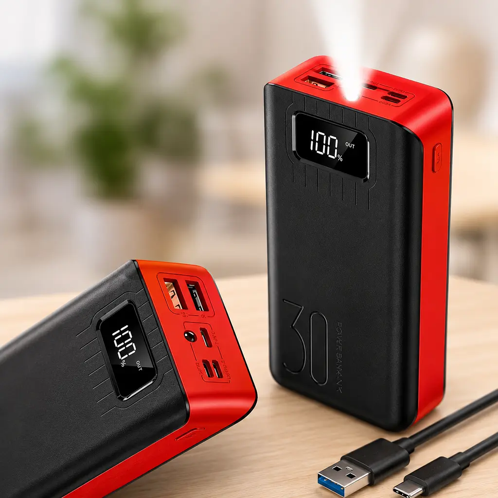 Портативний павербанк 30000 mAh / Зарядний пристрій 5 портів 2xUSB Type-C Lightning Micro-USB / Павербанк для телефону з ліхтариком - фото 3
