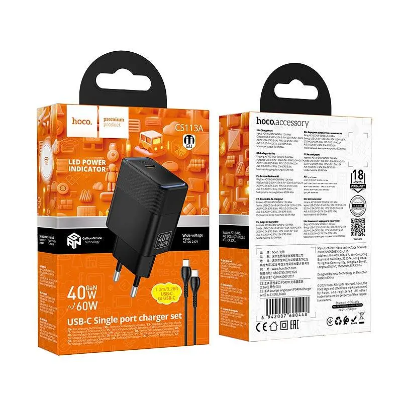 Адаптер мережевий HOCO C to C cable Lounge single port PD40W charger set CS113A 1C, PD/QC, 45W/3A - фото 2
