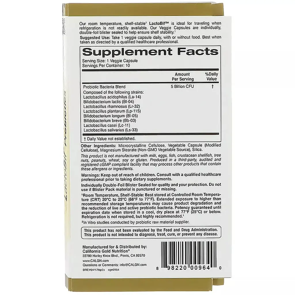 Пробіотики California Gold Nutrition LactoBif Probiotics 5 млрд КОЕ 10 овочевих капсул - фото 2