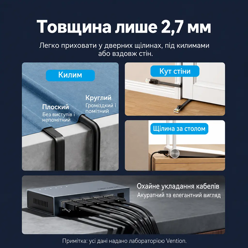 Плоский мережевий кабель Ethernet Vention 1 м патч-корд RJ45 штекер на RJ45 штекер Cat.7 до 10 Гбіт/с з екрануванням алюмінієвою фольгою з провідниками з безкисневої міді смуга пропускання 600 МГц чорний (ICGBF) - фото 3
