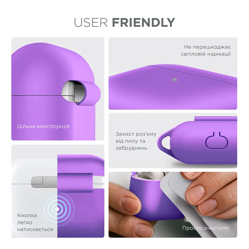Силіконовий чохол для навушників Apple AirPods 3, Hang Case, фіолетовий, ультратонкий захисний кейс товщиною 2 мм, захист від подряпин, пилу та ударів, компактний, з карабіном для кріплення, ArmorStandart (ARM60317) - фото 5