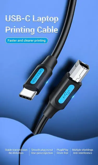 Кабель Vention 0.5м Type-C - USB Type-B 2.0 5V/2A 480 Мбит/с USB-C на USB-B для Принтера Черный (CQUBD) - фото 2