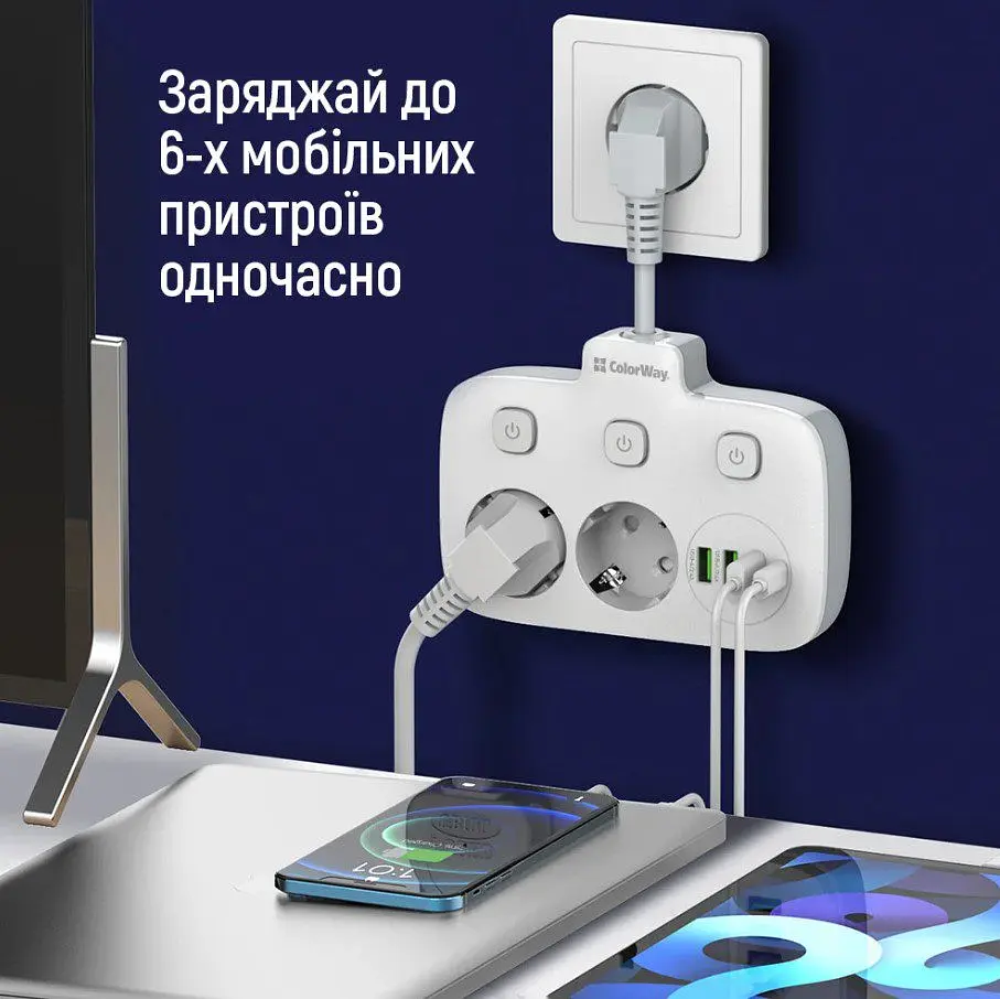 Мережевий фільтр-адаптер ColorWay CHE-24-PDW 20W, 2x220V, 3xUSB-A, 1xUSB-C - фото 5