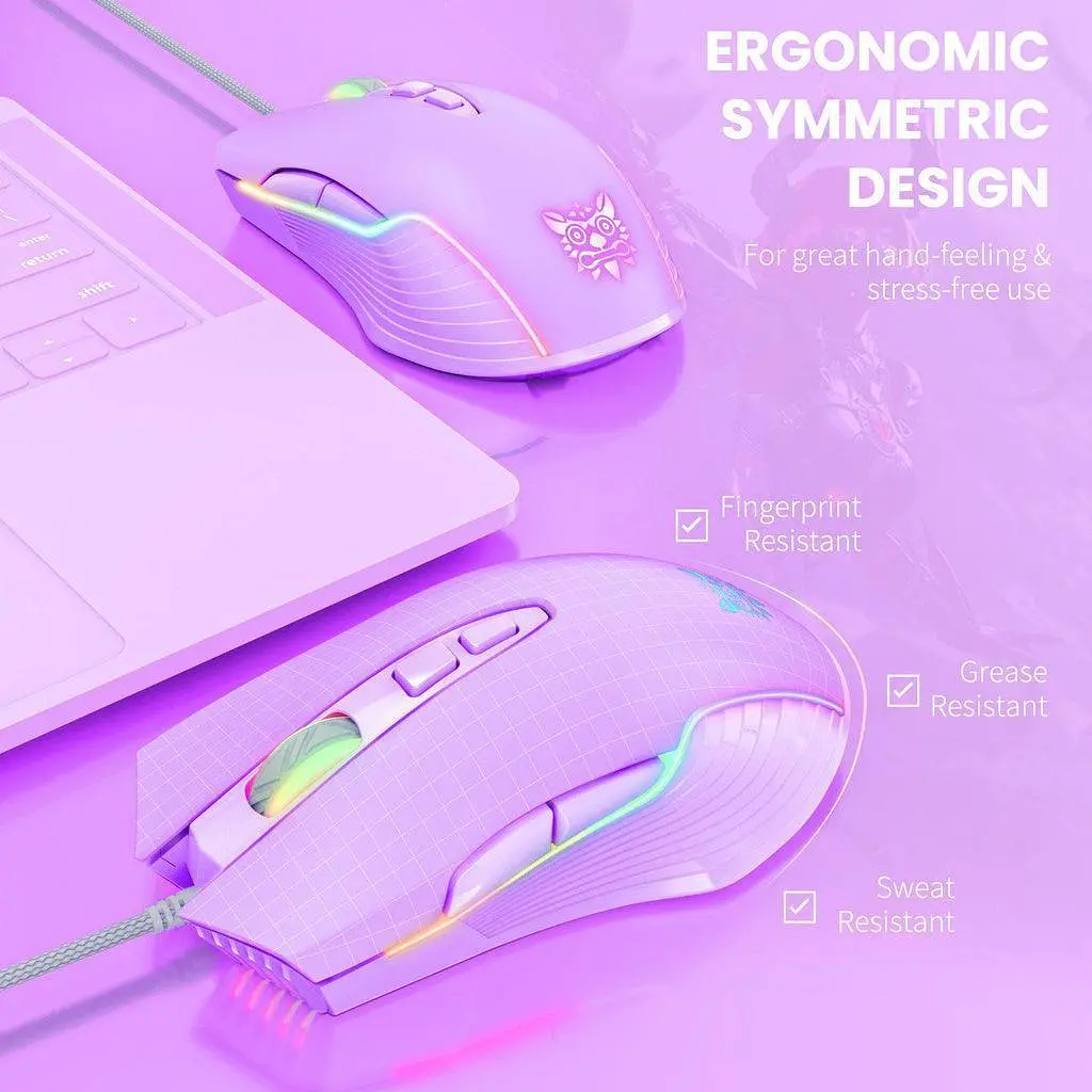 Компьютерная мышка Onikuma для ПК и ноутбука 6400 DPI RGB подсветка 7 проволочных кнопок Фиолетовый - фото 2