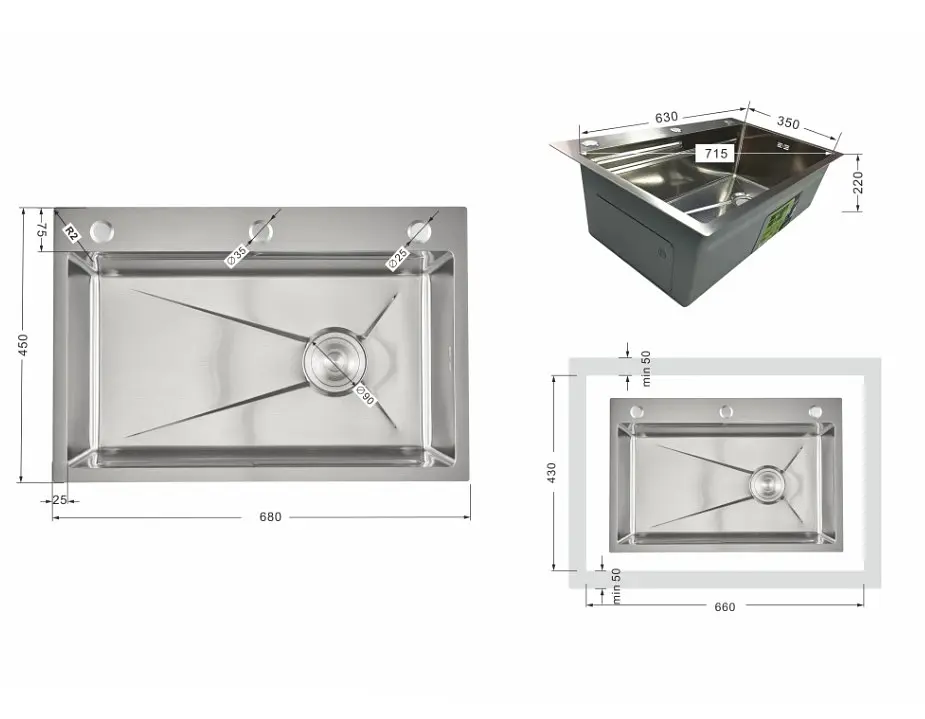 Мийка для кухні інтегрована Lidz Handmade H6845 Brushed Steel 3,0/1,0 мм LDH6845BRU49455 - фото 12