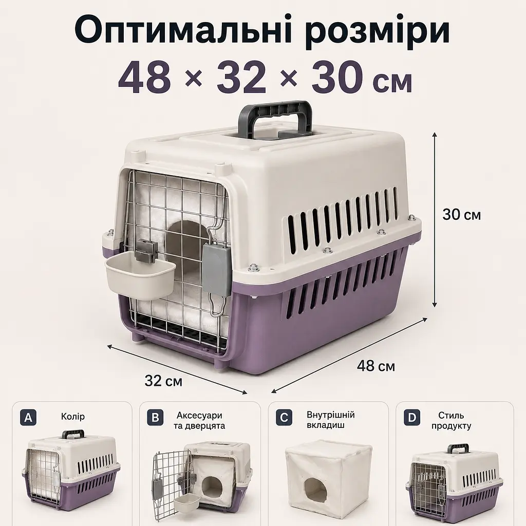 Переноска для котів і собак до 12 кг 48×32×30 - вентильована з комплектом (підвісна миска тавнутрішнім вкладишем) KT8002013 - фото 7