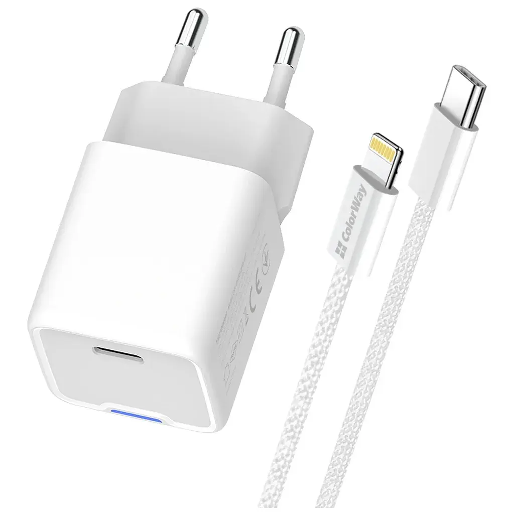 Зарядний пристрій ColorWay C101D GaN Mini 20W PD PPS USB-C + cable USB-C to Lightning white (CW-CHS059PDL-WT) - фото 2
