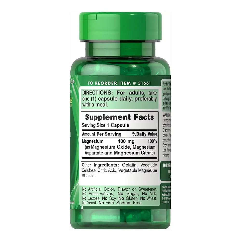 Витамины и минералы Puritan's Pride Triple Magnesium Complex 400 mg, 60 капсул - фото 2