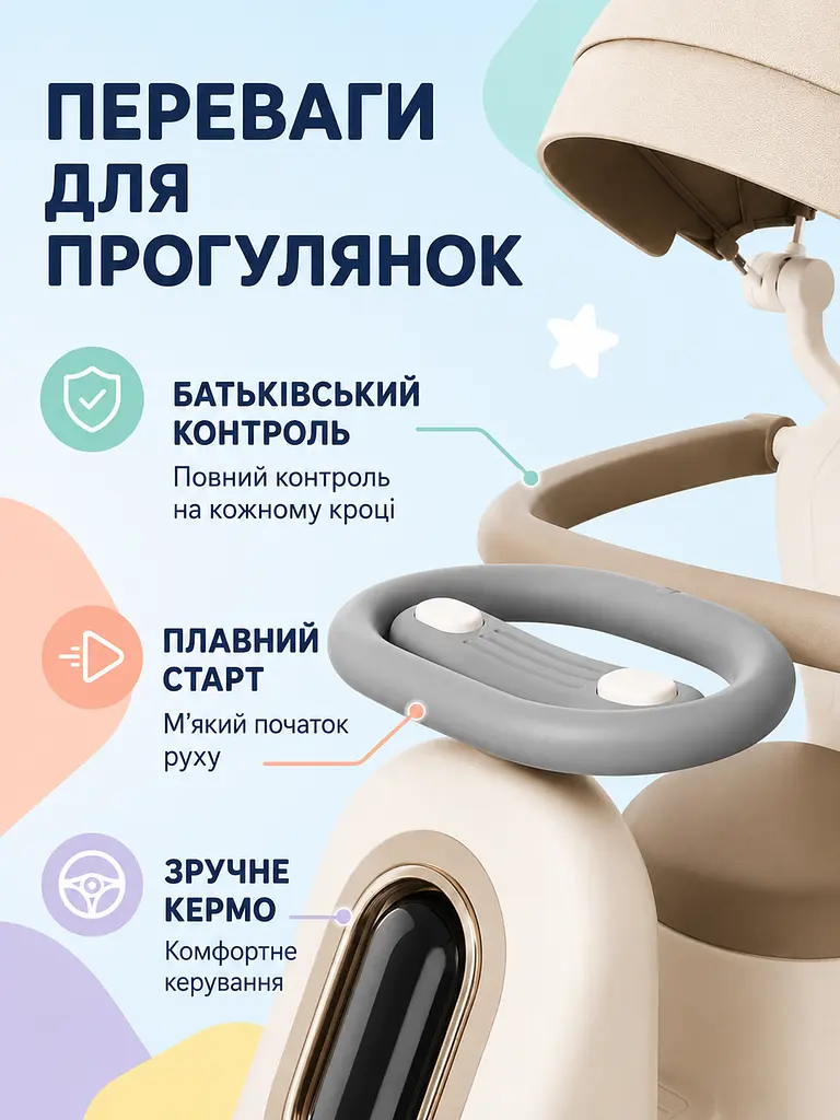 Дитячий електричний толокар 5-в-1 з ручкою, мотором, акумулятором, козирком, музикою та підсвіткою (49676136) - фото 2