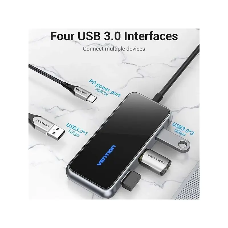 Концентратор Vention 5 в 1 Type-C-USB-PD 4USB 3.0 87W 4K 30Hz 0.15m Чорний (TFDHB) - фото 2