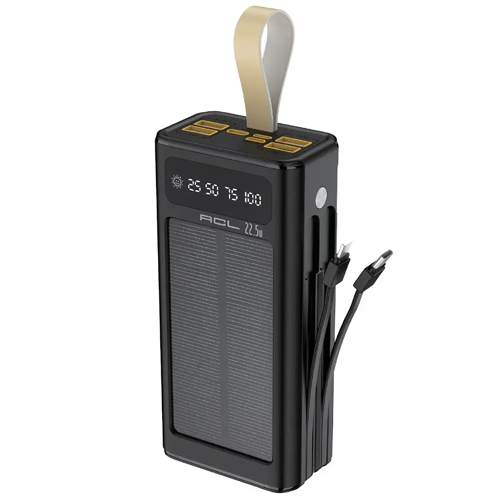 Павербанк ACL PW-90 Outdoor Solar 30000 мА·год 22.5W Power Bank із сонячною панеллю, швидкою зарядкою PD/QC 3.0, 4 USB та вбудованими кабелями Чорний (UFTPW-90)