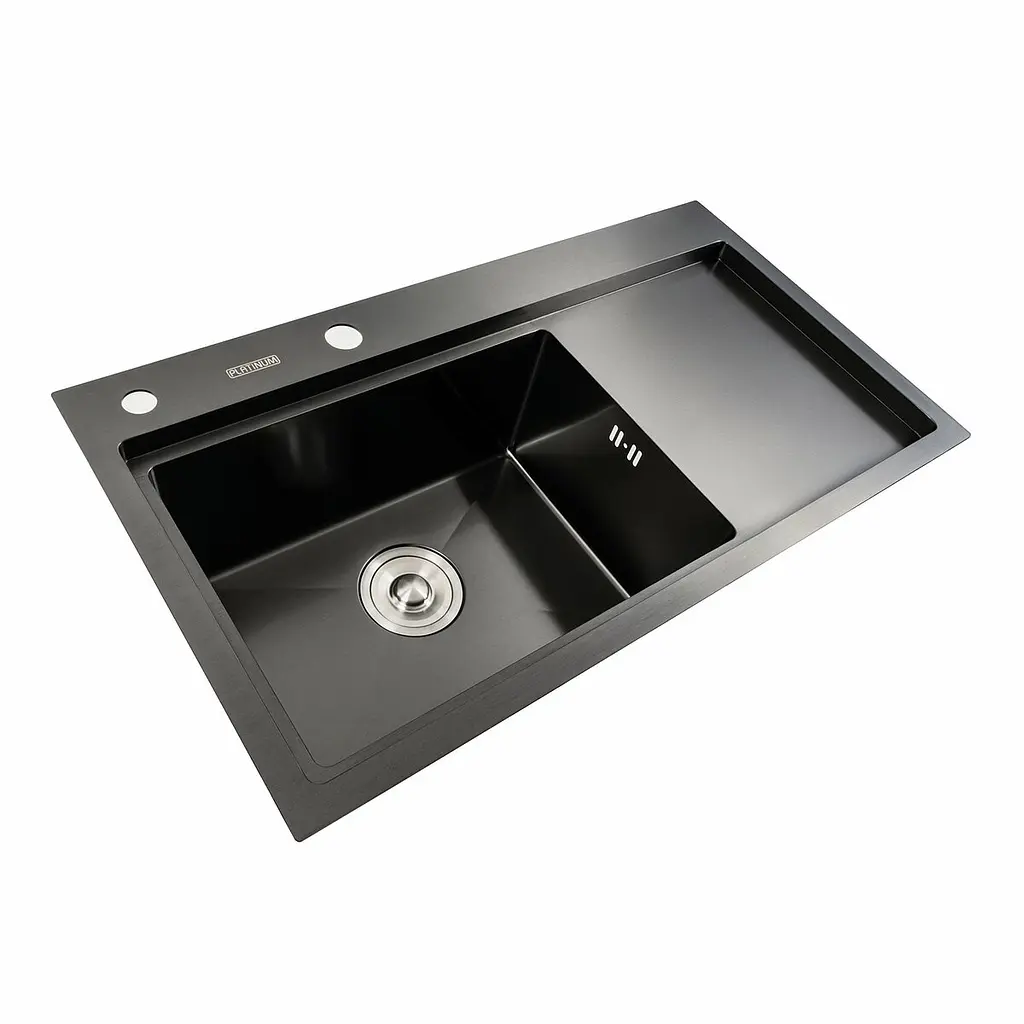 Кухонная мойка черная PVD 78x43 L Platinum Handmade (два отверстия, круглый сифон 3,0/0,8), Черный - фото 3