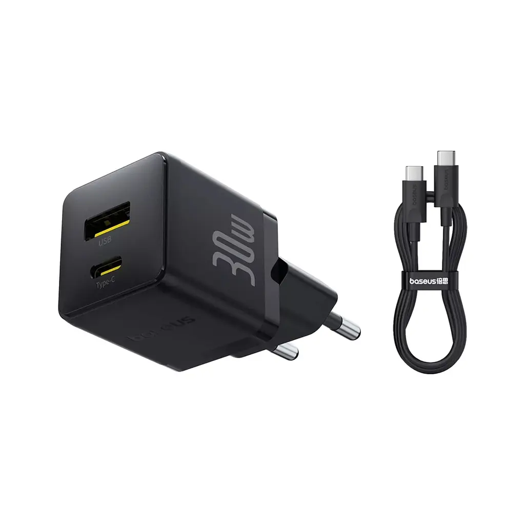Зарядний пристрій Baseus 1xUSB-C 30 Вт + 1xUSB + кабель USB-C — USB-C 60 Вт 1.0 м (P1011160A113-01) - фото 3