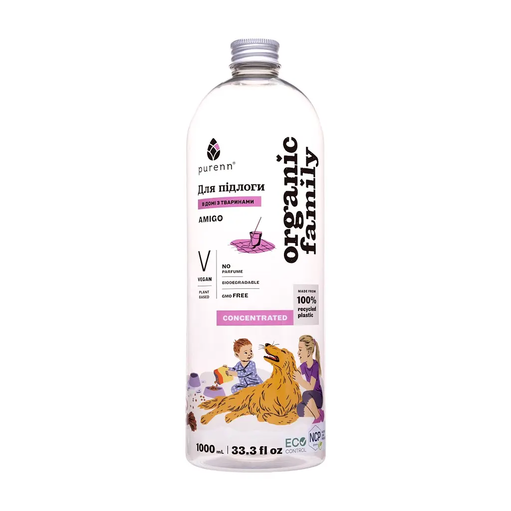 Засіб для миття підлоги Purenn Organic Family Amigo Animal Friendly неароматизований, антибактеріальний 1 л (4751024880166)