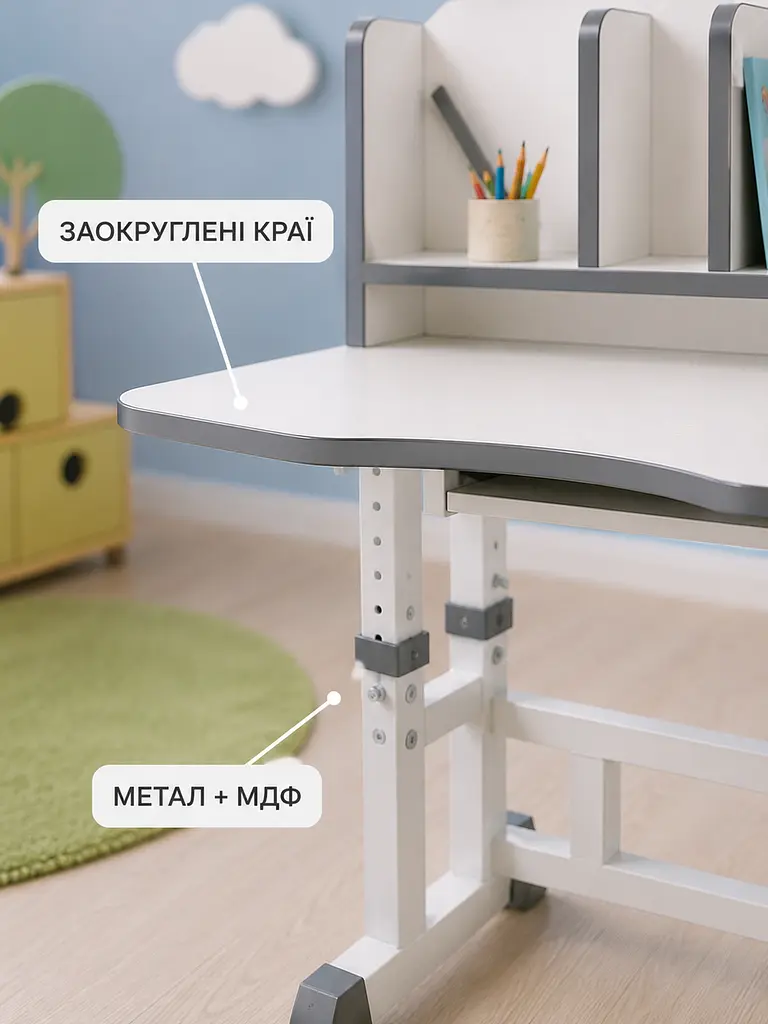 Дитяча парта зі стільцем регульована за висотою, шкільний стіл з полицями для навчання та творчості (49676361) - фото 6
