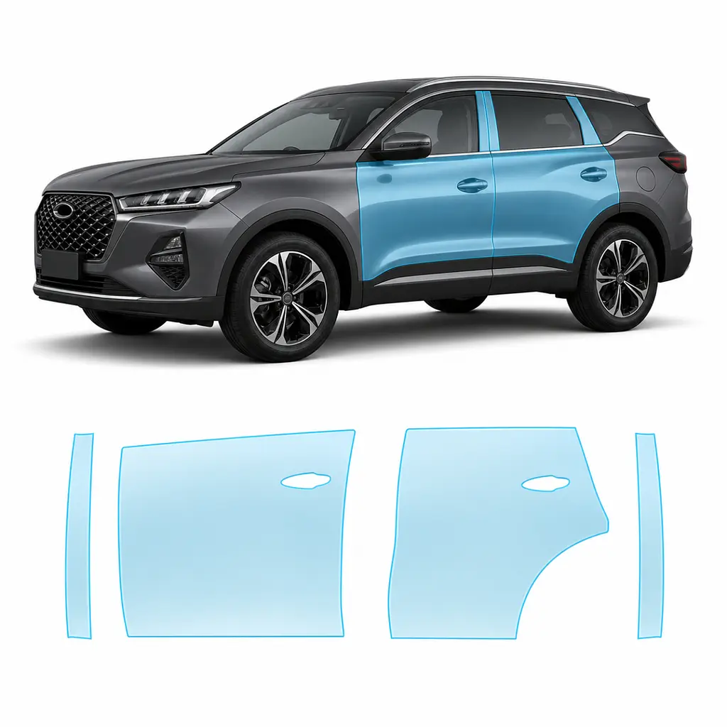 Антигравійна захисна бронеплівка за лекалами для Chery Tiggo 7 Pro I facelift 2023- зони дверей і стійки вікон