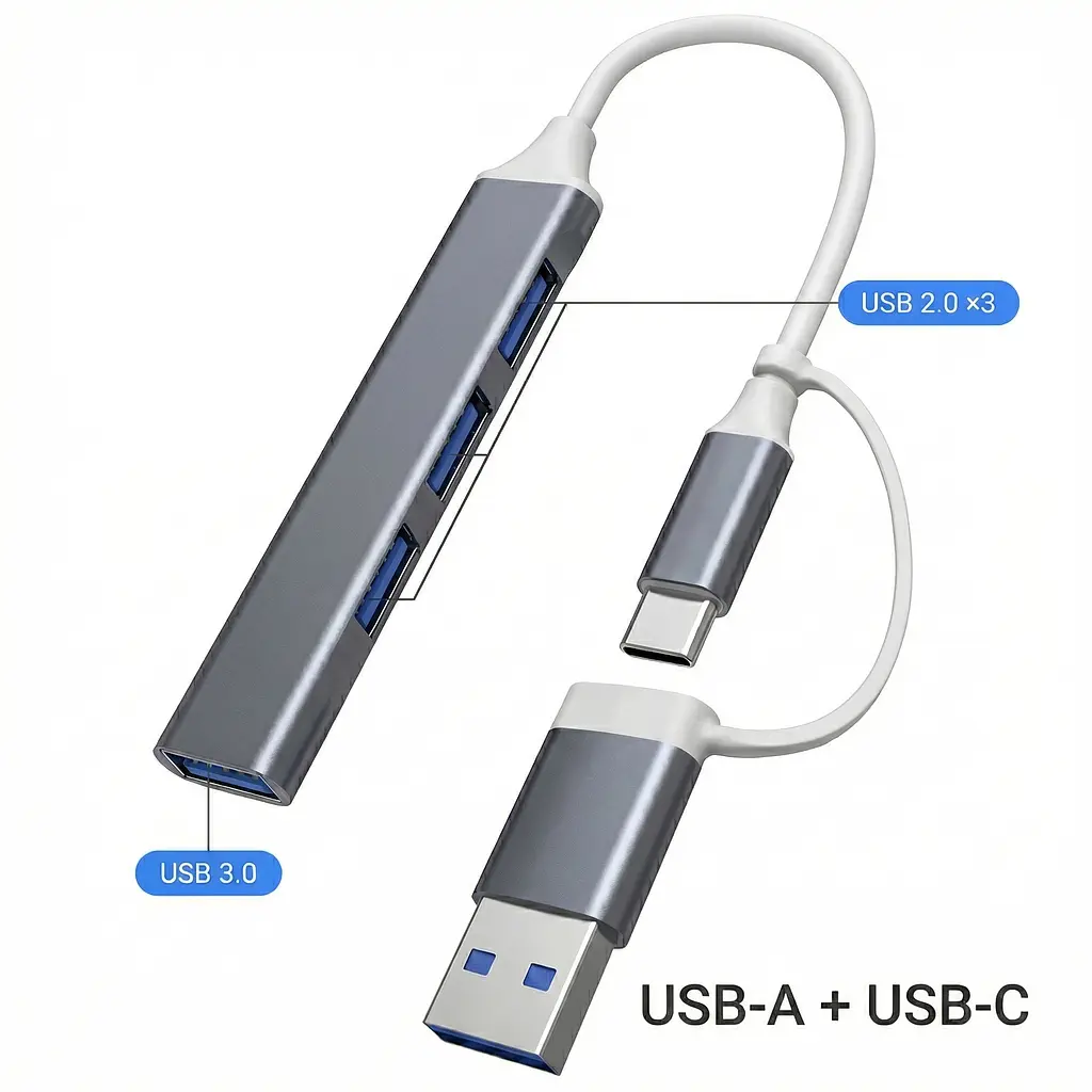 Алюмінієвий USB-хаб 4 порти 1×USB 3.0 + 3×USB 2.0 з підключенням Type-A і Type-C (графітовий) - фото 2