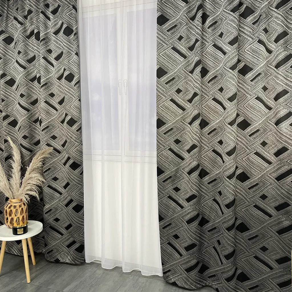 Жакардові штори "геометрія" чорного кольору 2шт. 150х270 з білим шифоновим тюлем 400х270, на тасьмі ALBO pbe0052576 - фото 3