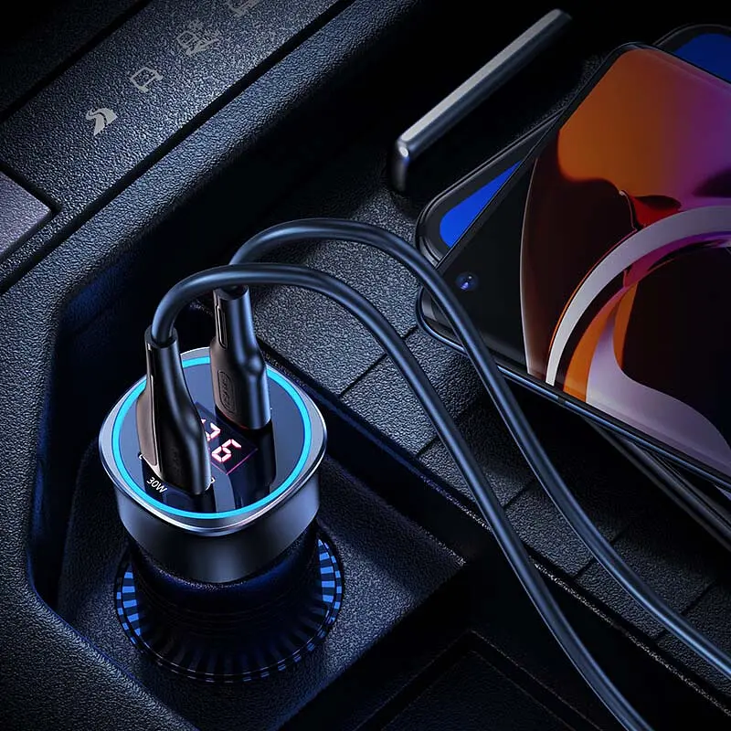 Адаптер автомобильный USAMS Dual Ports Digital Display Fast Car Charger US-CC146 C26 1USB/1Type-C, 3A/95W, QC/PD| - фото 3