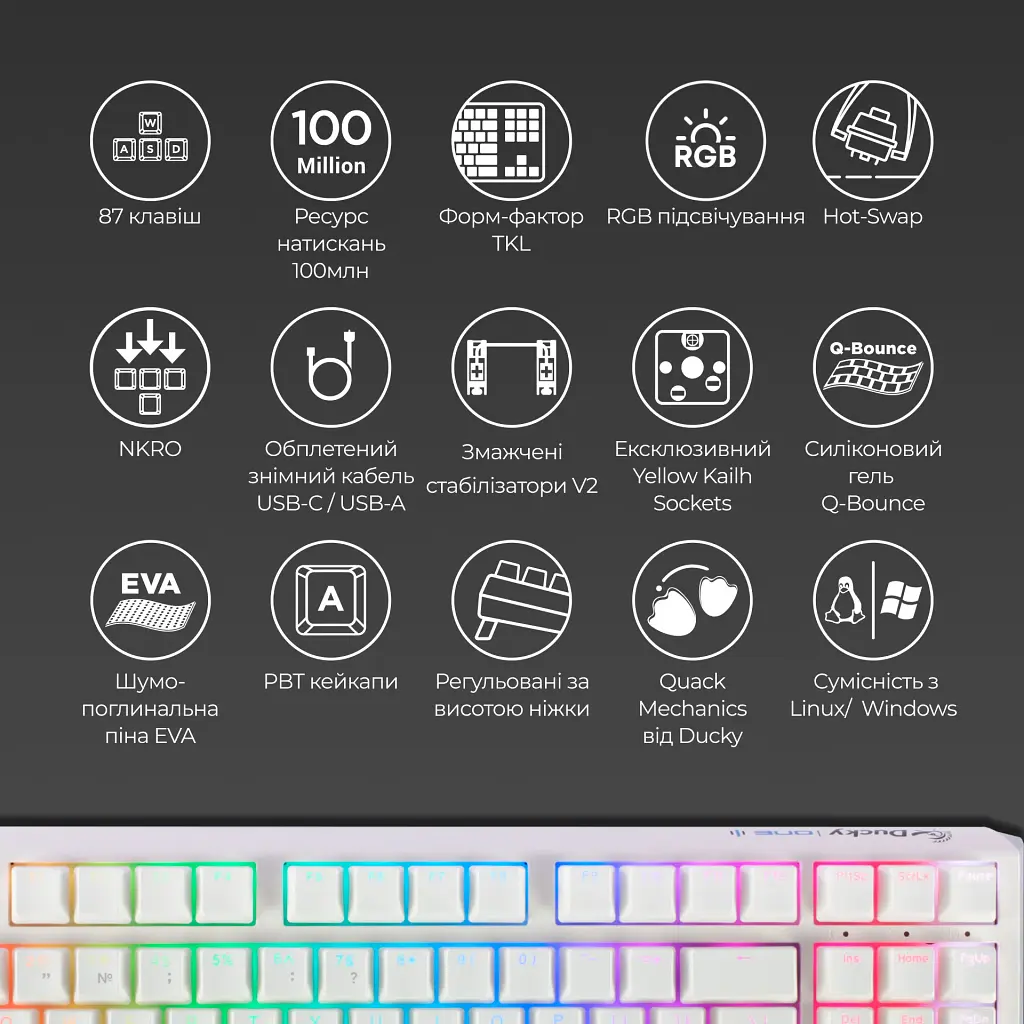 Клавіатура Ducky One 3 TKL Cherry MX Silent Red RGB White UA [DKON2187ST-SUAPXPWWWSC1] [126064] - фото 5