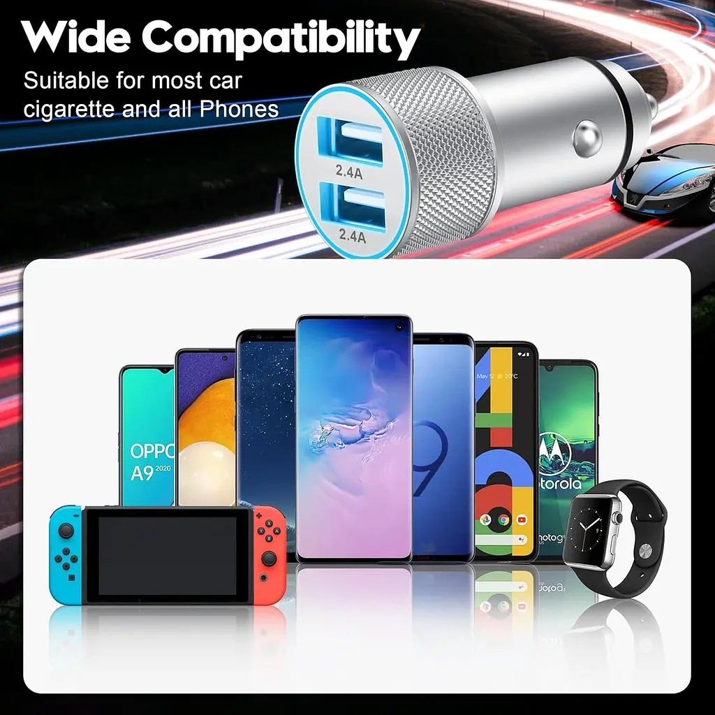 Автомобільний USB зарядний пристрій 5V/2.4A з двома портами та кабелем USB-C 1 м - фото 4