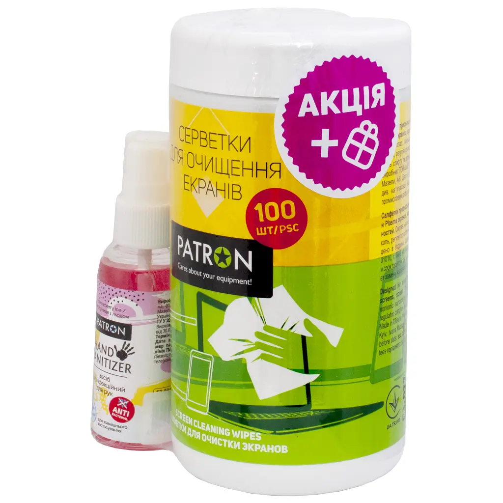 Універсальний чистячий набір Patron Screen wipes 100pcs F3-027 + Hand sanitizer 50ml (CS-PN-F3-050)