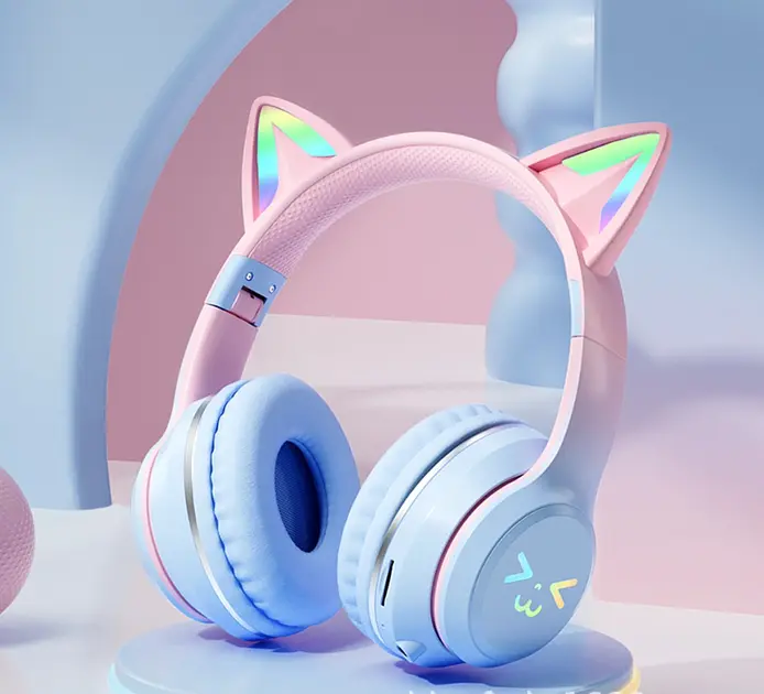 Дитячі бездротові навушники CATEAR BT618 з вушками та RGB-підсвіткою Bluetooth Синьо-рожеві - фото 3