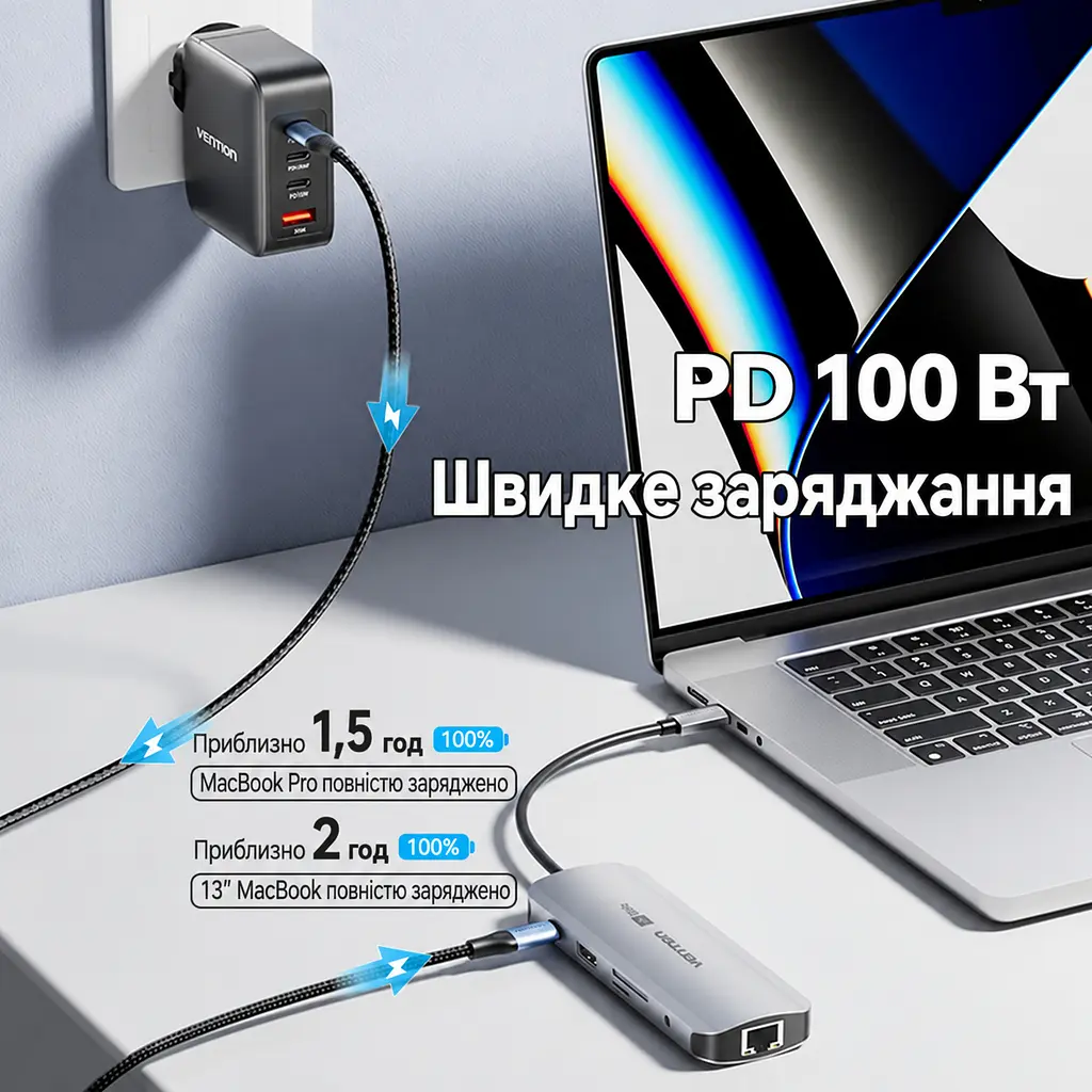 Док-станція USB-C 9-в-1 Vention HDMI до 4K 60 Гц 3 USB-A 3.0 для даних до 5 Гбіт/с Gigabit Ethernet RJ45 до 1000 Мбіт/с SD/microSD (TF) читання/запис лише однієї картки за раз комбінований аудіороз’єм 3,5 мм TRRS для OMTP/CTIA заряджання пристрою PD до 100 Вт із зовнішнім живленням через вхід PD HDMI потребує USB-C з DisplayPort Alt Mode сумісність із Thunderbolt 3/4 вбудований кабель USB-C 0,15 м сірий (TQLHB) - фото 7