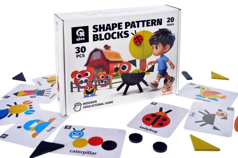 Дерев'яна розвивальна мозаїка Shape Pattern Blocks з картками-завданнями (QB700-005)