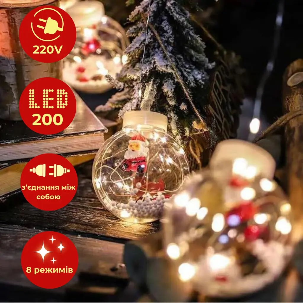Светодиодная гирлянда штора роса с шариками с наполнением Xmas 8 режимов 200 LED 3x0,7м Теплый белый - фото 4