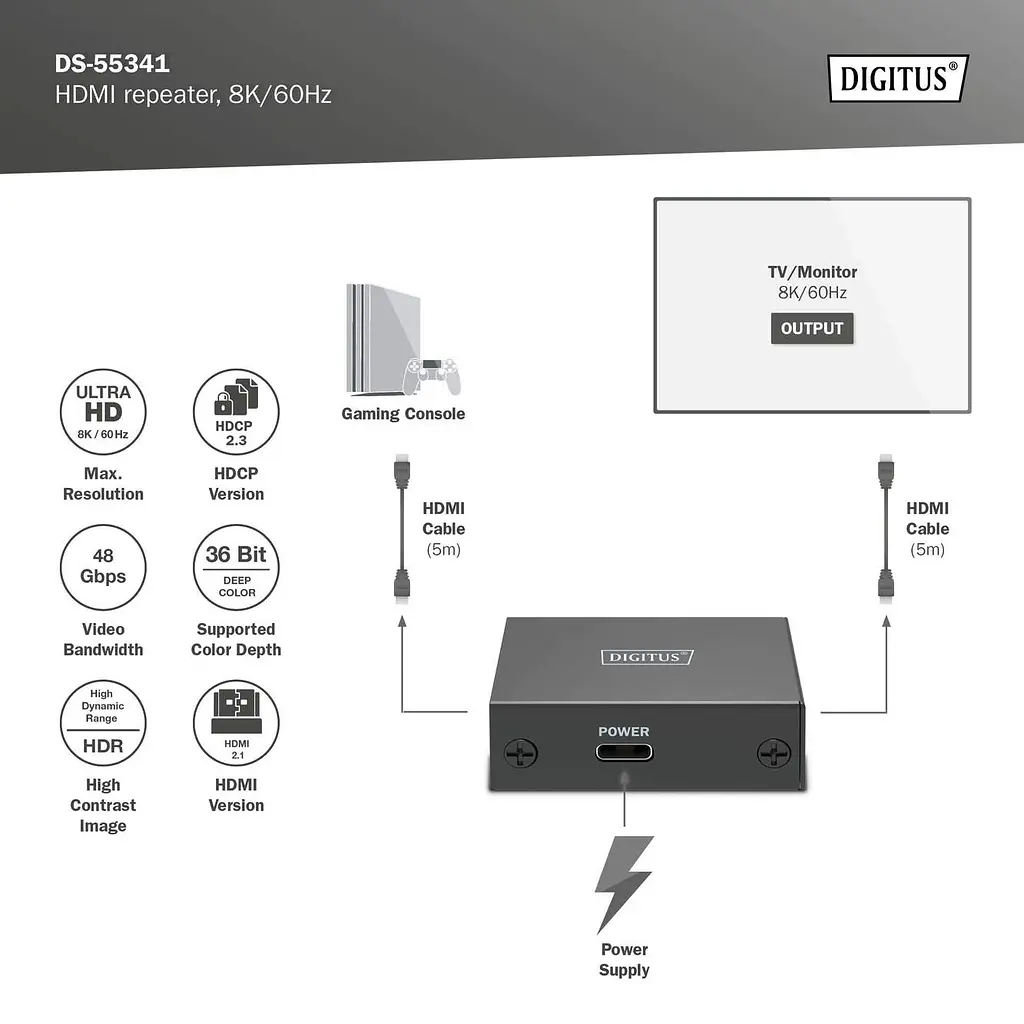 Повторювач Digitus HDMI, 8K/60 Гц (10 м 8K/60 Гц), (13 м 4K/60 Гц) - фото 7