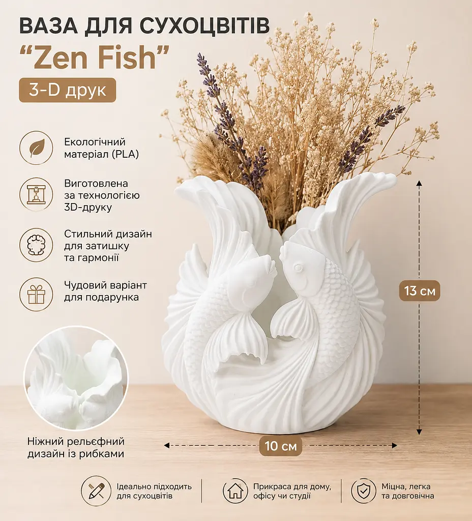Ваза для сухоцвітів «Zen Fish», 13 × 10 см, 3D-друк - фото 2