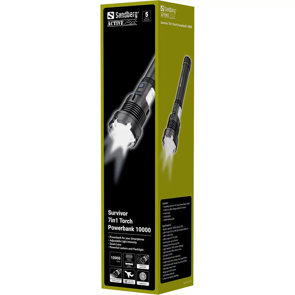 Ліхтарик - павербанк Sandberg Survivor 7 in 1 Torch Powerbank 10000 mAh XHP70 LED USB-C 5W - фото 6