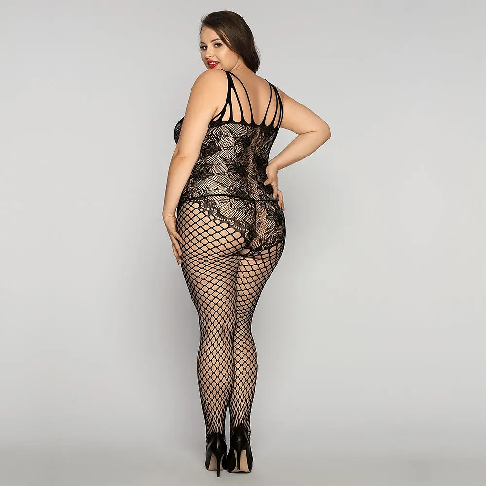 Бодістокінг на все тіло з сіткою та мереживом Size Plus Black - фото 2