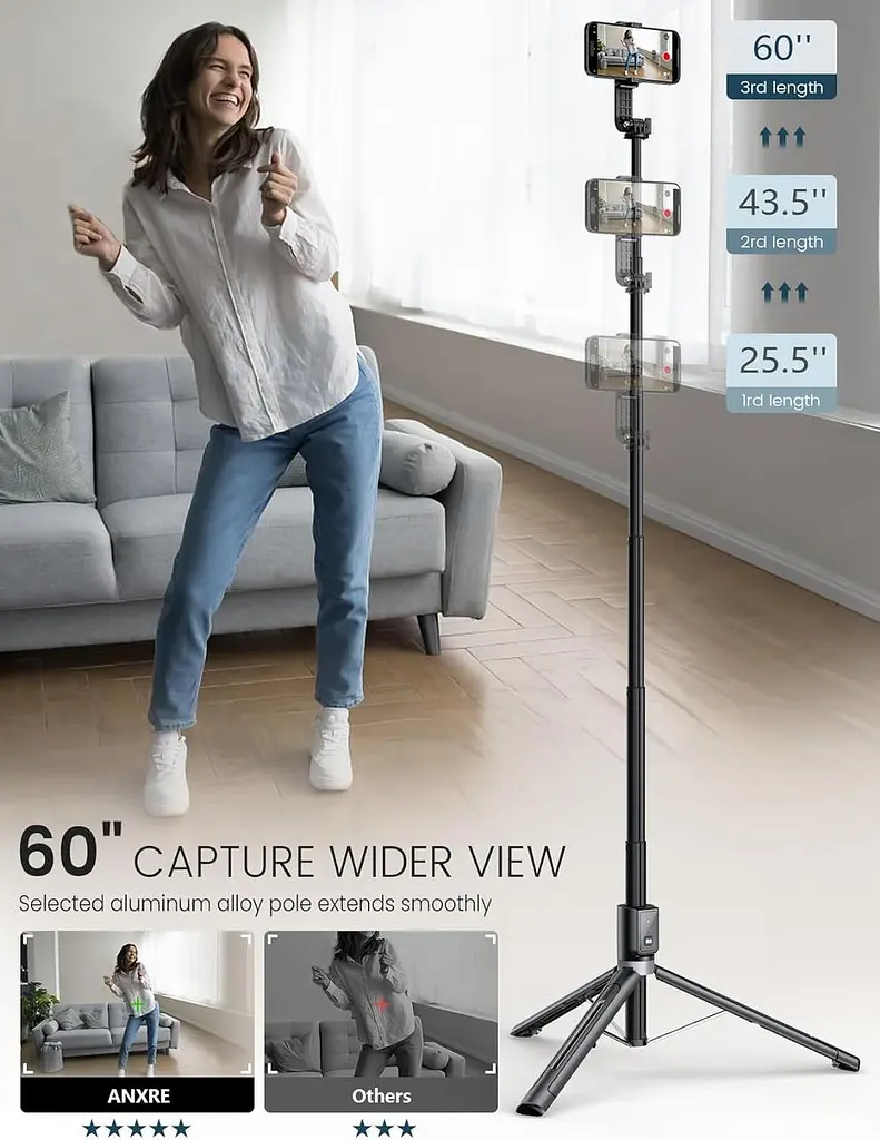 ANXRE 60-дюймовий штатив для телефону Selfie Stick з пультом дистанційного керування, портативний штатив для мобільного телефону - фото 3
