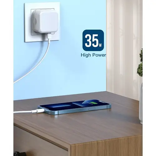 Мережевий зарядний пристрій XO L102 (EU) 35W dual Type-c port fast charger with lightning cable (NB113) - фото 2
