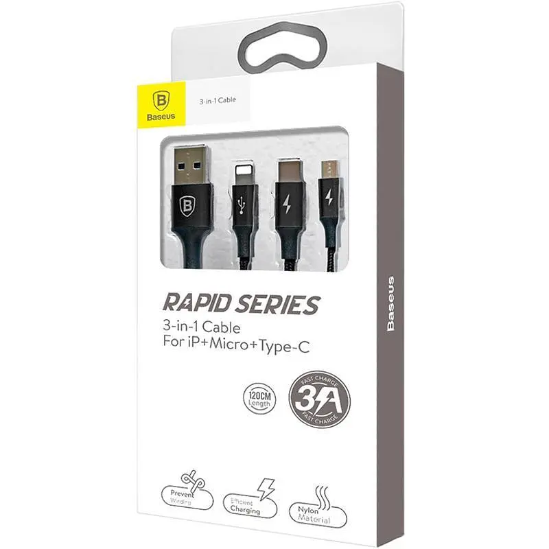 Кабель Baseus Rapid Cable USB to Lightning/microUSB/Type-C 3A 1.2m CAMLT-SU01 Black - фото 3