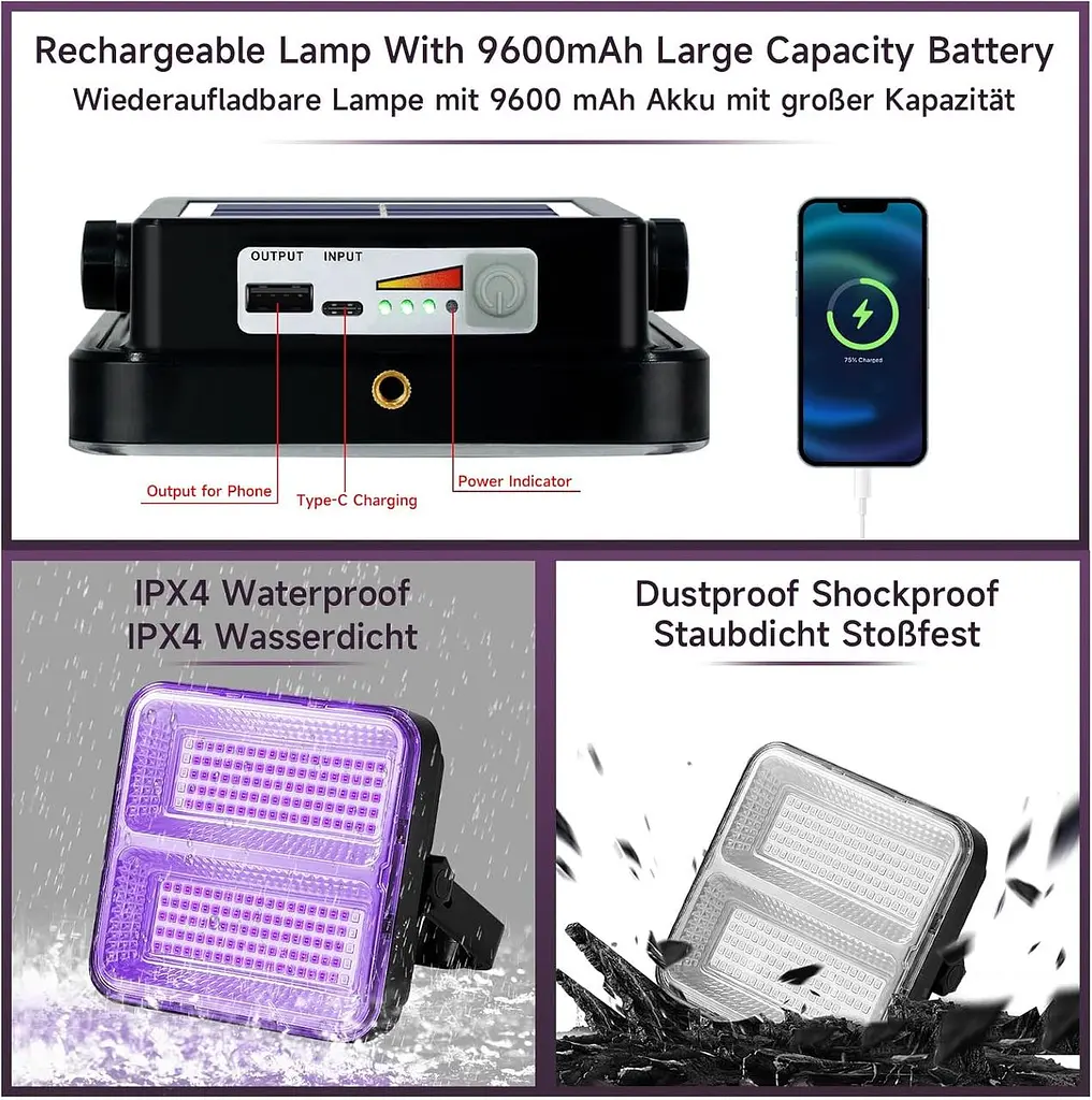 Black Light Spotlight 60 Вт, WINNIW 120 LED УФ-лампа з чорним світлом, що перезаряджається ультрафіолетове світло для вечірки - фото 5