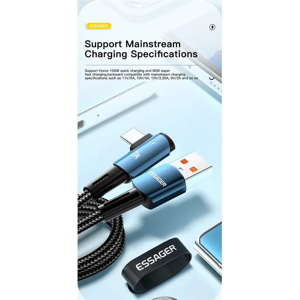 Дата кабель USB 2.0 AM to USB-C 1.0m 100W 90° corner black Essager (EXCWT7A-CG01-P) - фото 4