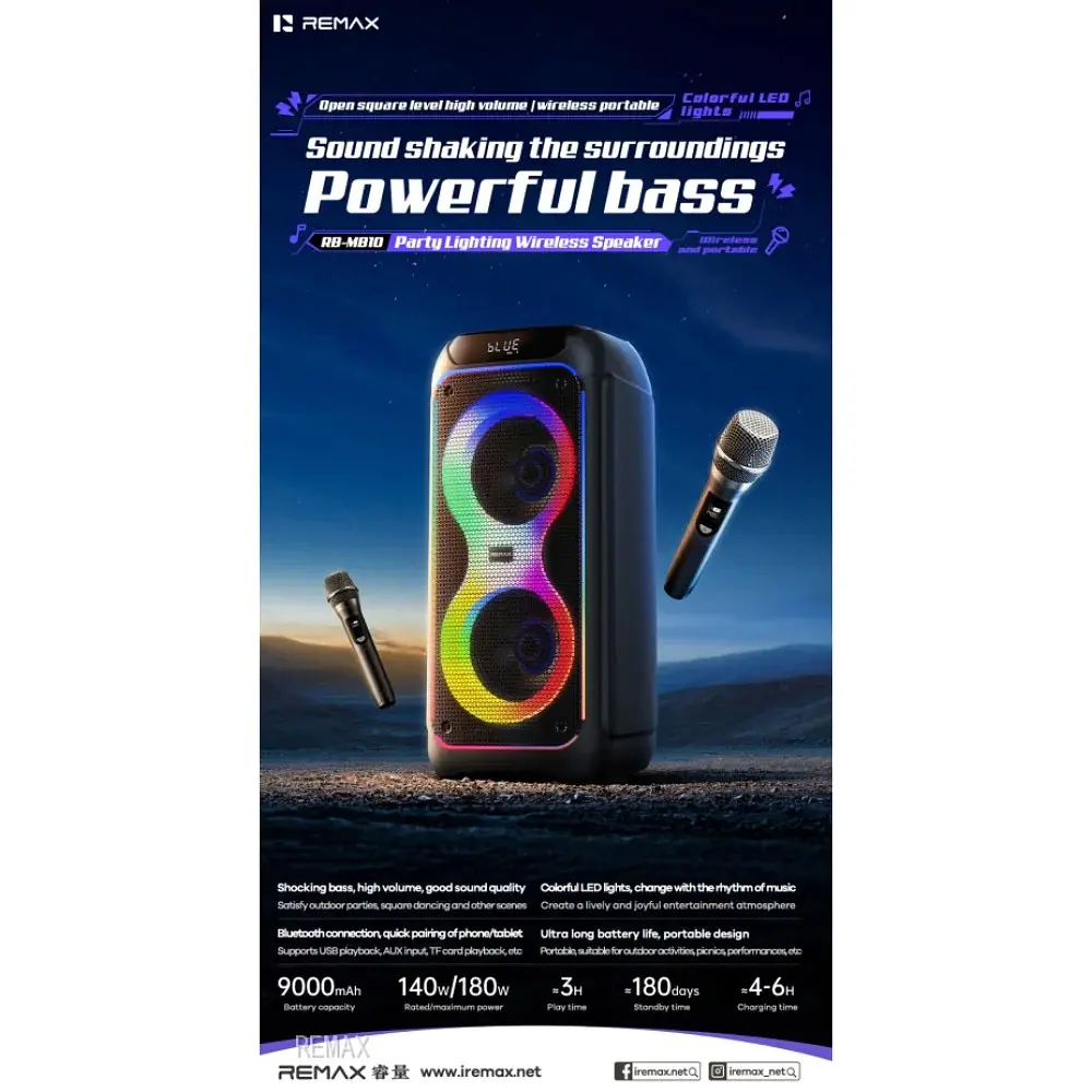 Портативна колонка REMAX RB-MB10 Party lighting Wireless Portable Speaker, 140W, Black - фото 2