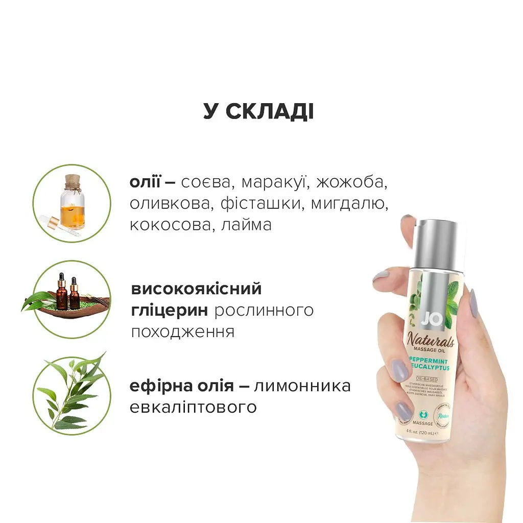 Масажна олія JO Naturals Massage Oil Peppermint & Eucalyptus, 120 мл - фото 4
