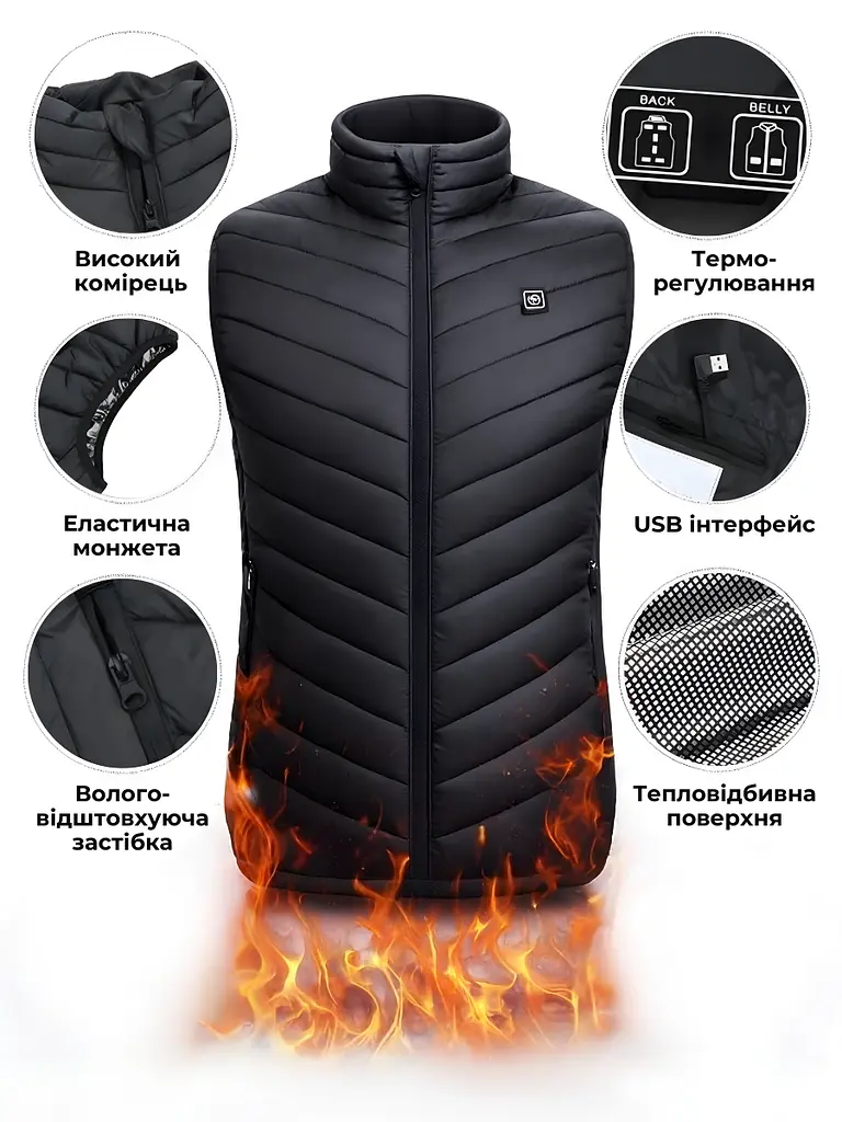 Термо жилет з активним підігрівом від Power Bank USB, з ефектом «теплого кокона», 3 температурних режими, розмір XL, Чорний - фото 6