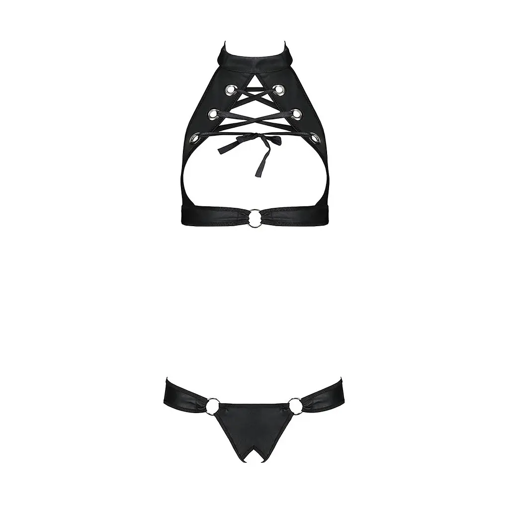 Комплект відкритий топ та трусики з екошкіри з люверсами Passion MALWIA SET with Open Bra L/XL black - фото 3
