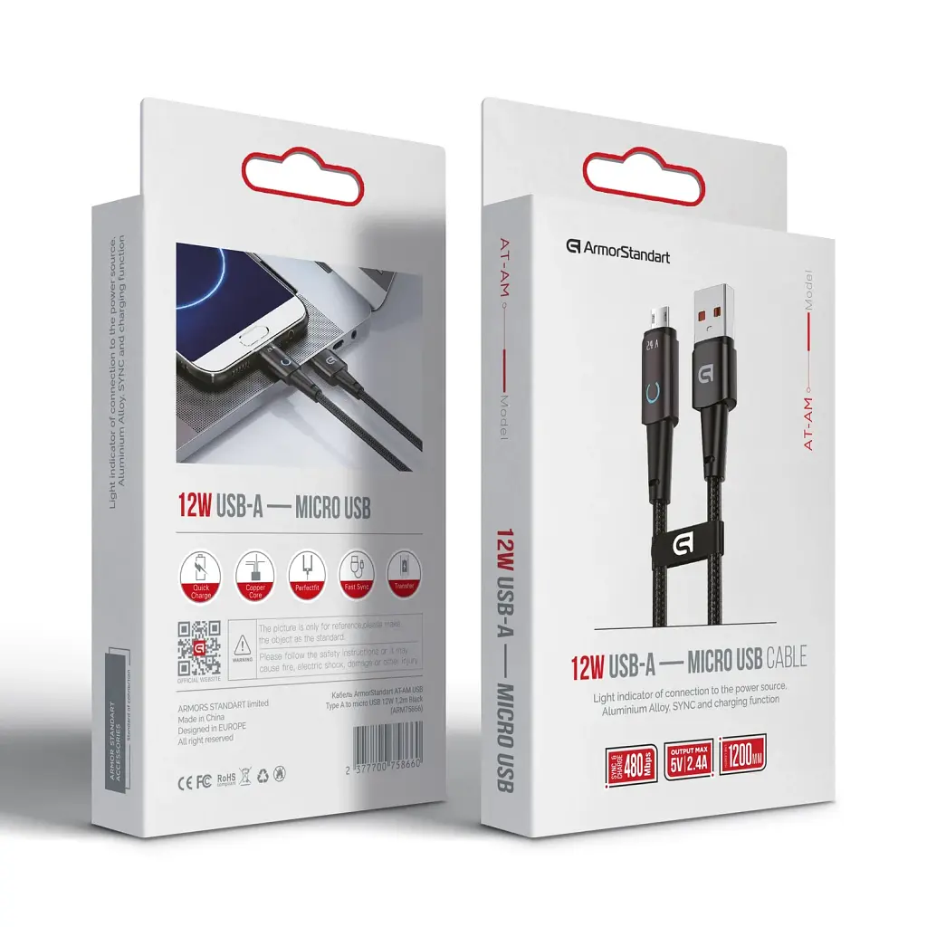 Кабель ArmorStandart AT-AM USB Type A to micro USB 12W 1.2 m Black - фото 2