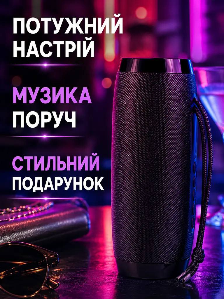 Портативна Bluetooth колонка 10 Вт з LED-підсвіткою, FM радіо, USB, AUX, microSD, PowerBank 17,9×7,3×7,3 см чорна (49676166) - фото 8