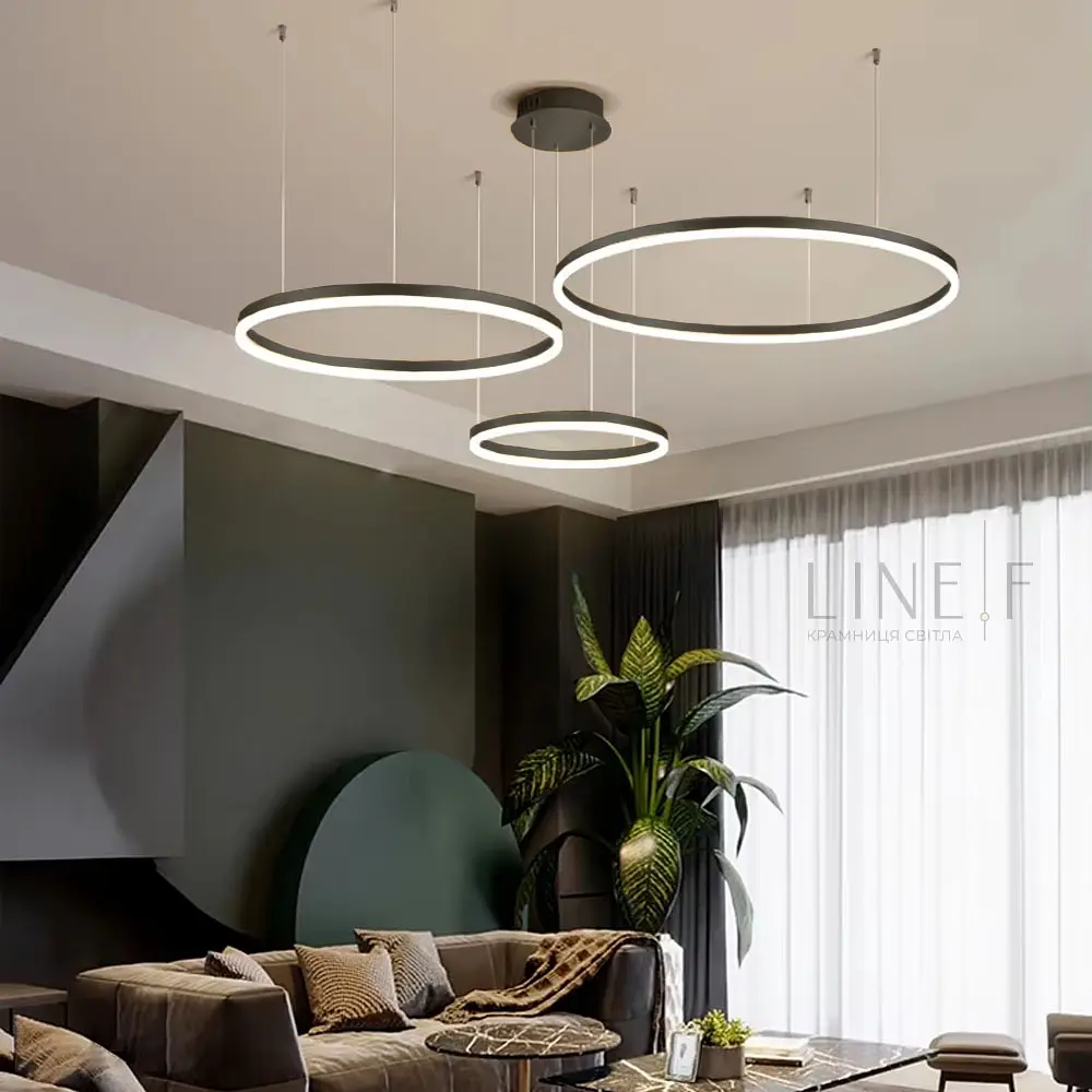 Подвесная люстра на три led кольца в черном каркасе 60+40+20 см Line F | Ст. G70-600+400+200 BK - фото 2