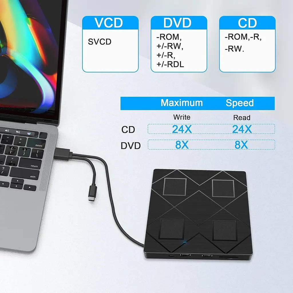 Зовнішній CD/DVD привід BEVA USB 3.0/Type-C із SD/TF слотами та USB-хабом - фото 4