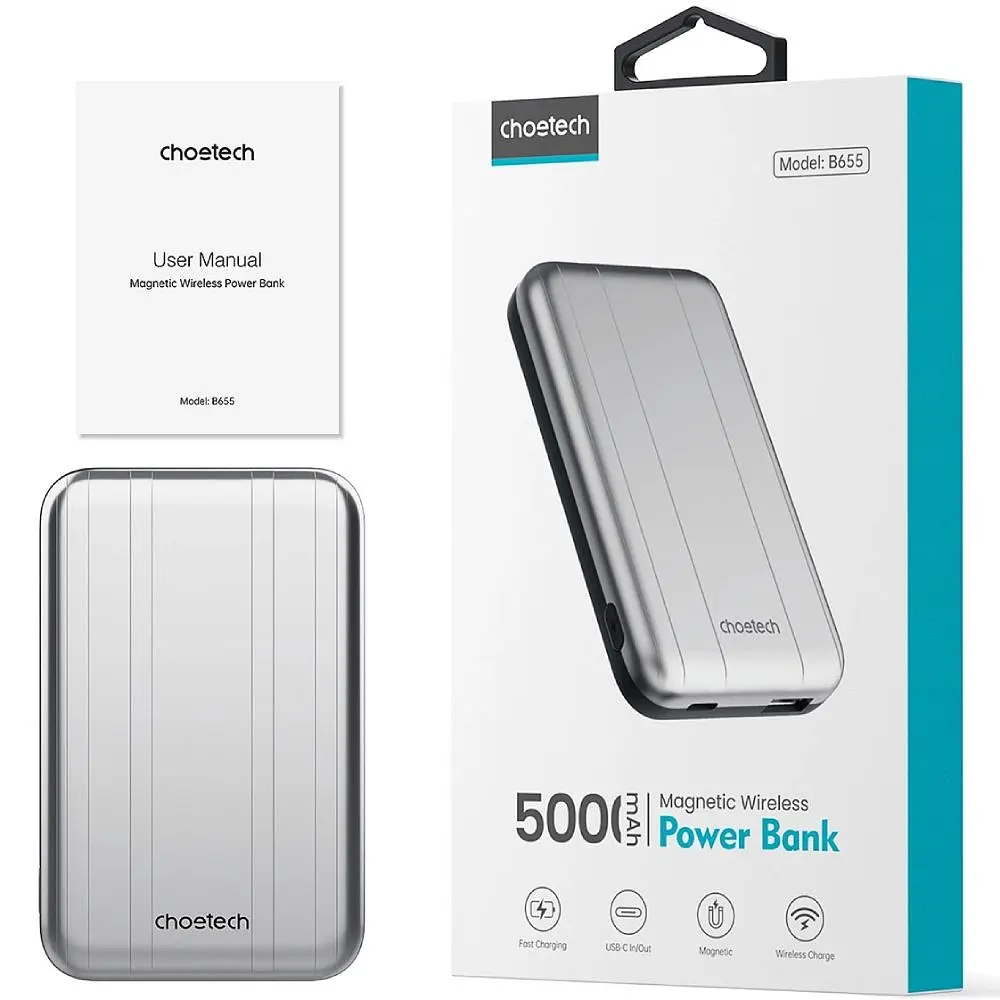 Універсальна мобільна батарея Choetech Magnetic Wireless 5000mAh 10W USB-A,USB-C In/Out B655 mini silver (6932112104779) - фото 6