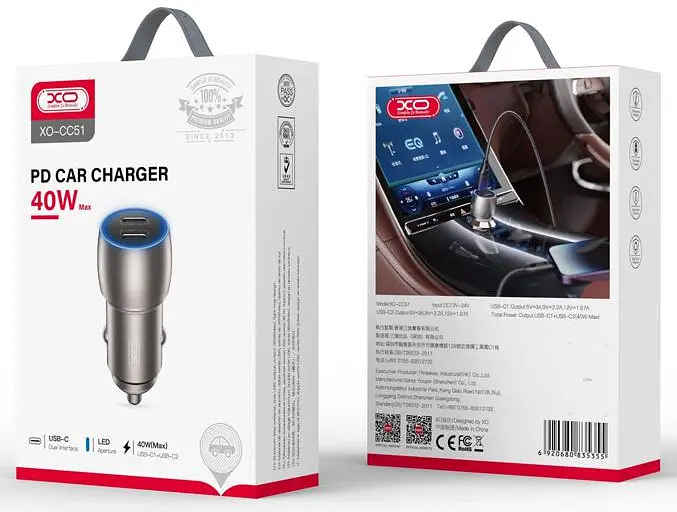 Автомобільний зарядний пристрій XO CC51 Metal double USB-C QC&PD3.0 40W 3A with Type-C-Type-C cable Tarnish - фото 2